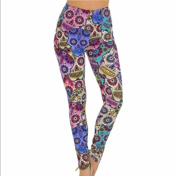 Bravado Pants - Colorful Skulls Mid Rise Leggings Pants NEW